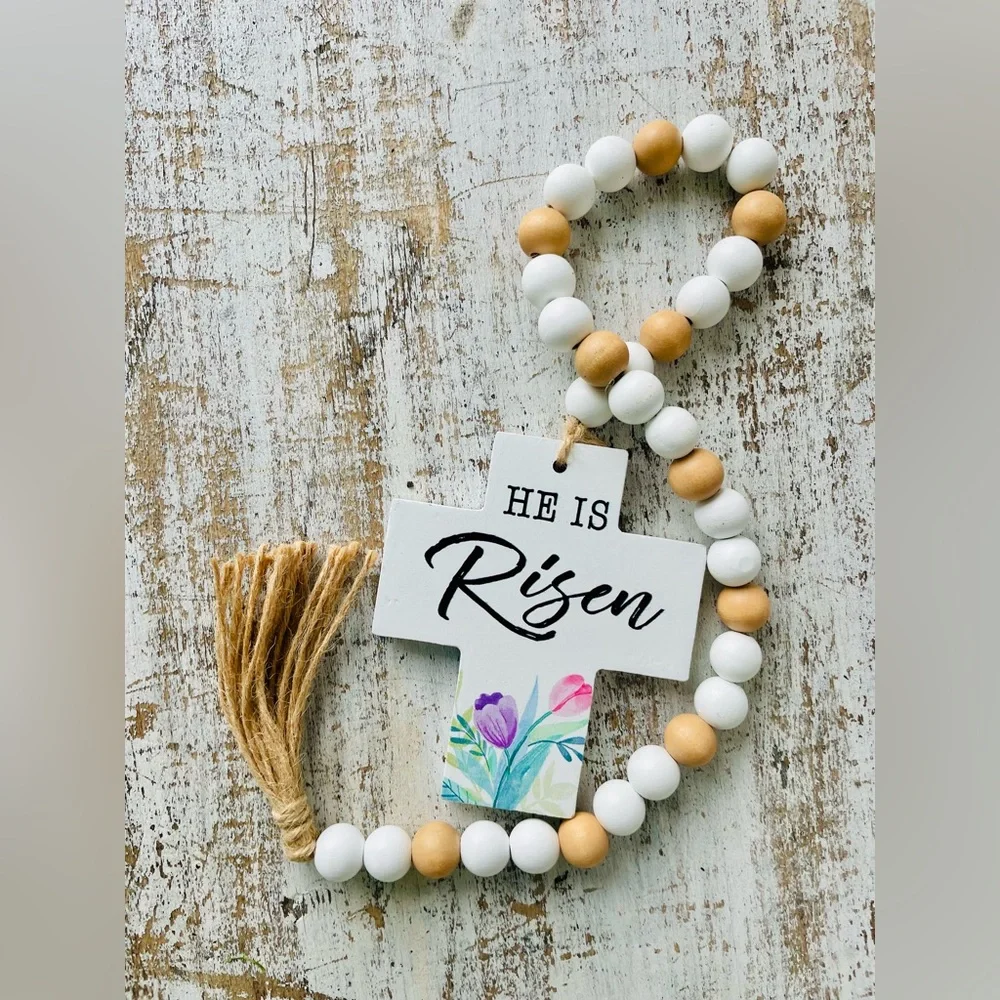 *He Is Risen Wooden Bead Garland w/Cross